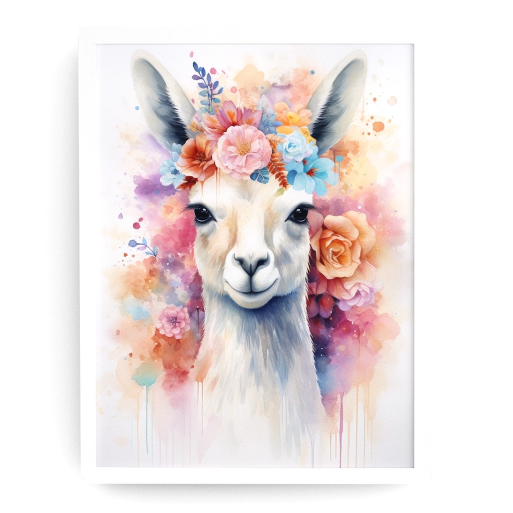 Watercolor Cute Floral Llama Wall Art Illustration Print Poster Card Unframed